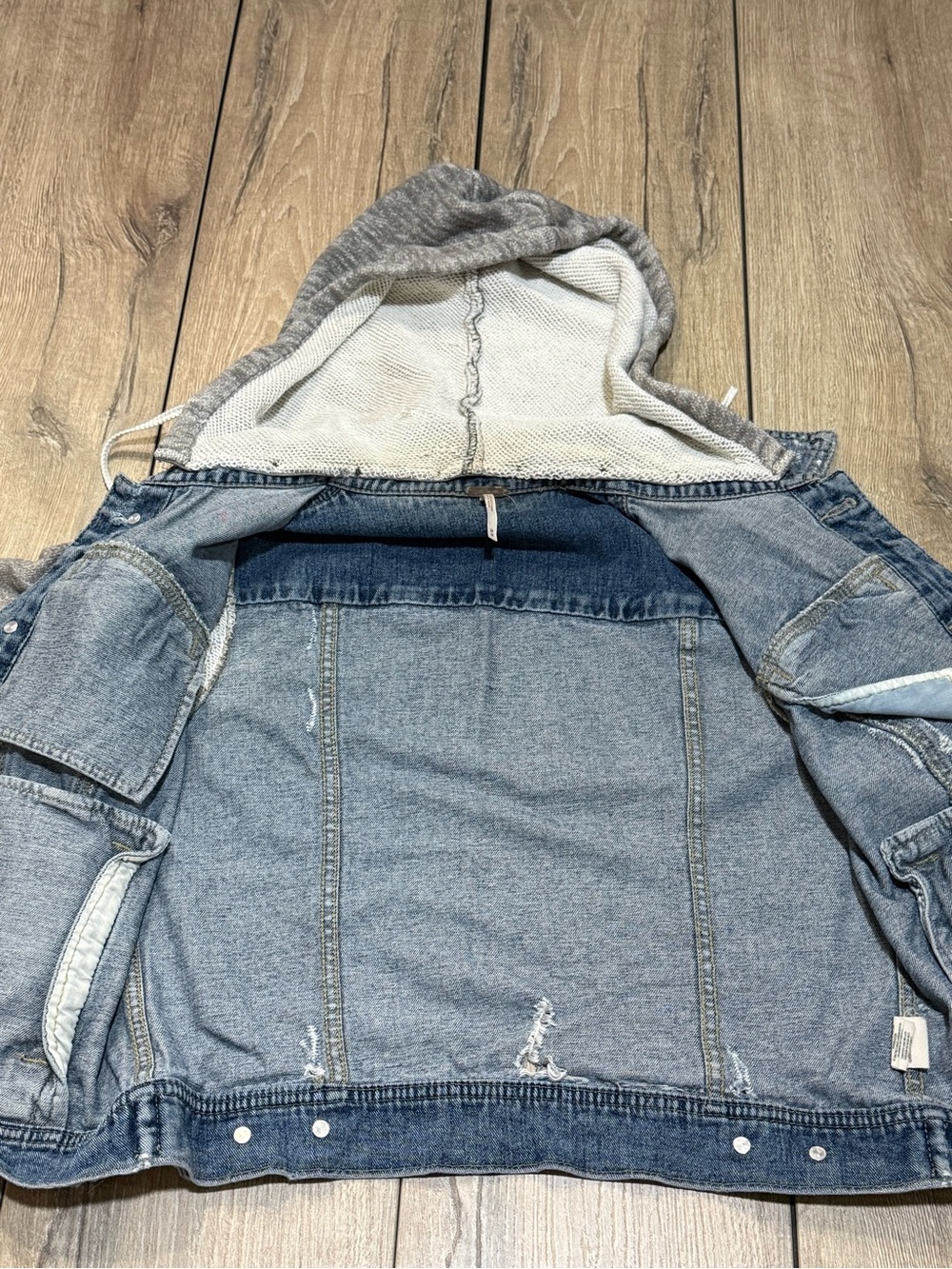 Free People Denim Hoodie Jacket M Distressed Knit Sleeve Jacket - Picture 7 of 16